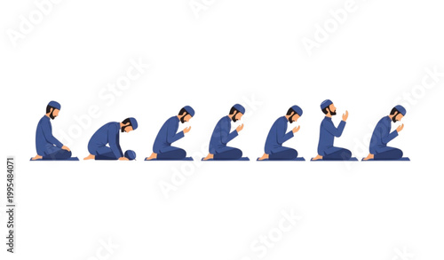 Muslim man prayer positions sequence flat icon set islam worship vector illustration