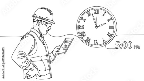 Industrial Worker with Clock Time Management Concept Factory Labor Working Hours Productivity Minimal Vector Illustration