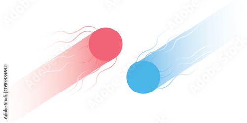 Two colorful spheres, one red and one blue, with dynamic motion trails and wavy lines, suggesting speed, energy, or interaction on a white background.