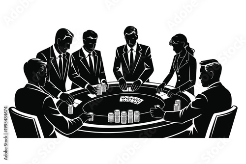 People Playing Poker with Cards and Chips at a Table in a Casino, Gambling Game Concept, Casino Night, Betting and Winning Strategy Vector Illustration