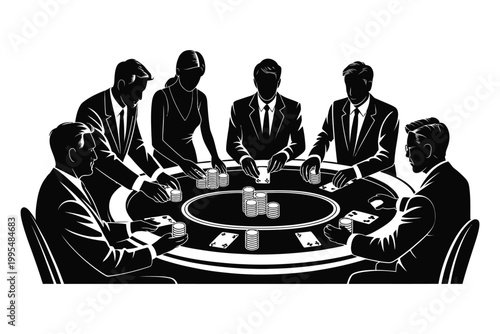 People Playing Poker with Cards and Chips at a Table in a Casino, Gambling Game Concept, Casino Night, Betting and Winning Strategy Vector Illustration
