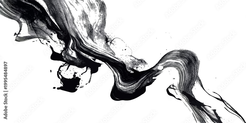Ταπετσαρία Dynamic black ink or paint swirling and flowing on a stark white background, creating an abstract, fluid, and artistic pattern with expressive brushstrokes