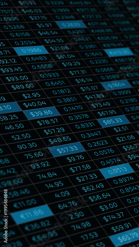 Business numerical currency data table vertical illustration background in black background.
