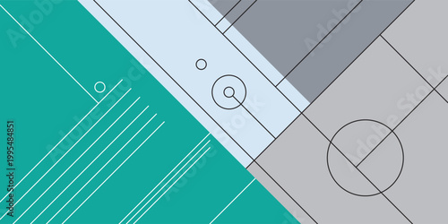 Abstract geometric design with teal and grey sections and intricate line patterns suggesting technology or architecture.