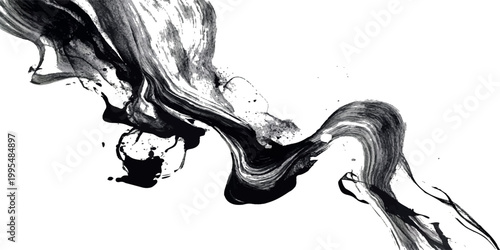 Dynamic black ink or paint swirling and flowing on a stark white background, creating an abstract, fluid, and artistic pattern with expressive brushstrokes.