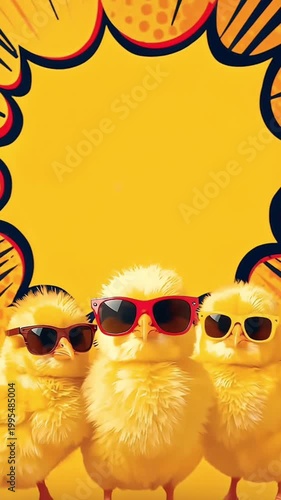 サングラスのひよこ三羽が目を引く下部構図の漫画風フレーム背景縦動画