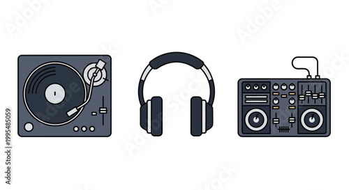 DJ Equipment Setup With Turntable Headphones And Mixer For Music Production Concepts