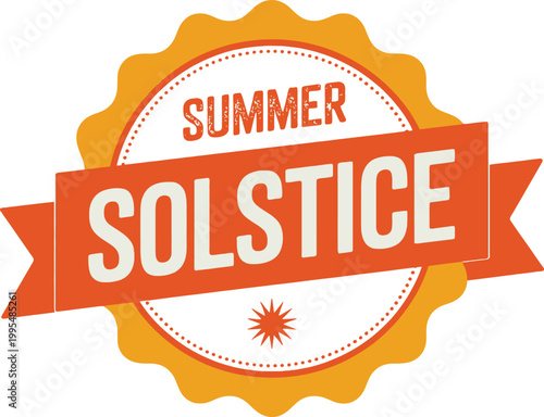 Orange and yellow summer solstice badge with sunburst and textured text emblem label banner