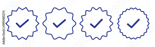 Blue Verified badge icon set. Blue tick check with social media account icon. Set of check mark icons. approved profile sign. white tick in blue circle. Social media official account tick symbol.