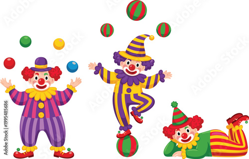 Fun Cartoon Clowns in Colorful Outfits, Juggling Balls, Performing Circus Acts, Cute Clown Character Vector Illustration