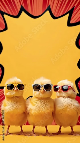 ひよこ三羽を下部に置いたサングラス付き漫画風コマ割り背景の縦動画