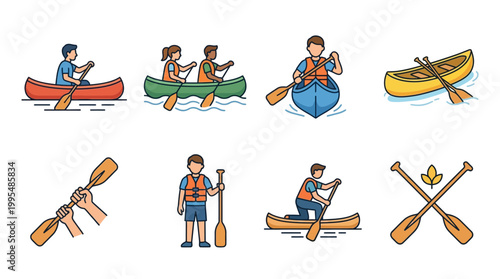 A collection of vector icons showcasing people canoeing and using wooden paddles for various outdoor water sports and activities