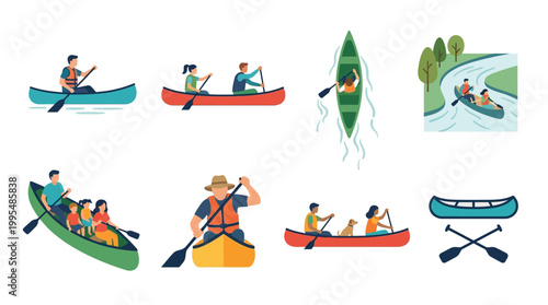 Group of diverse people enjoy rowing colorful canoes with wooden paddles while wearing protective life jackets for a fun excursion