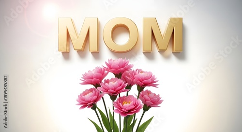 Happy mother's day greeting with beautiful pink flowers and wooden mom sign