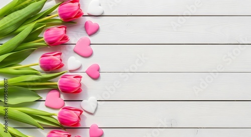 Beautiful pink tulips for mother's day celebration with petals on white wooden background