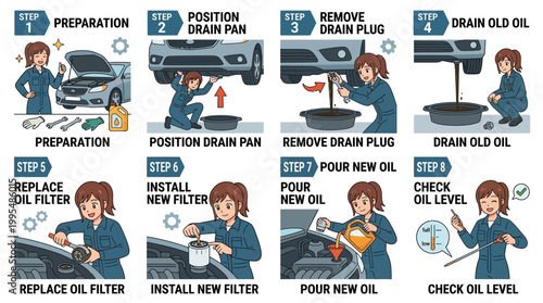 An instructional cartoon infographic showing a professional female mechanic performing a routine motor vehicle oil change in eight simple steps