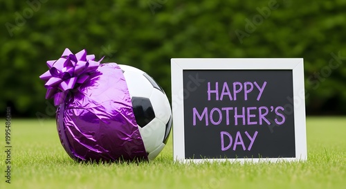 Happy mother's day celebration with purple balloon and chalkboard sign