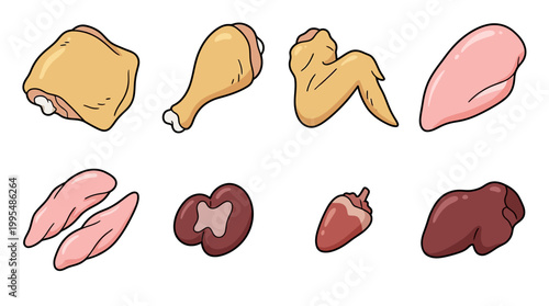 Fresh raw chicken meat cuts including thigh, drumstick, wing, breast, tenderloin, gizzard, heart, and liver organized in a simple collection