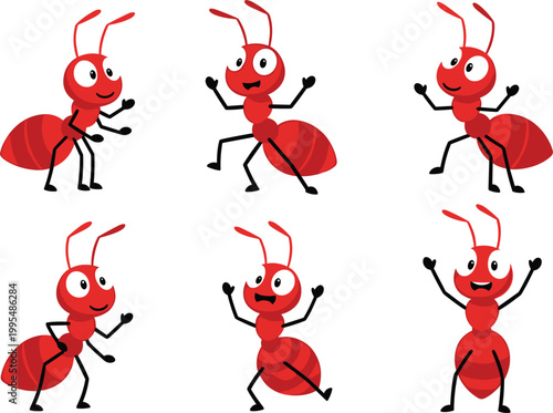 Tableau sur toile Cute Cartoon Ant Characters in Various Poses, Dancing, Running, and Smiling, Hap