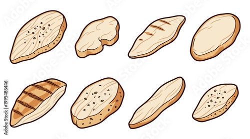 Hand drawn collection of sliced grilled chicken breast fillets featuring seasoned meat pieces for healthy protein rich meal preparation designs
