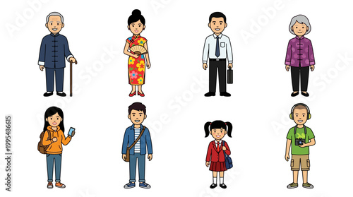 Collection of diverse illustrated Asian characters representing various generations and occupations standing in a neat row for visual storytelling projects