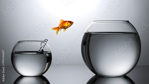 Goldfish jumping from small bowl to large bowl, freedom concept, inspirational, motivational, business growth, change