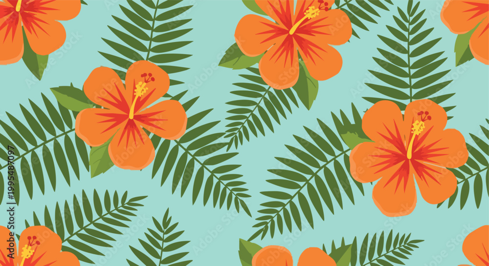 Fototapeta premium Orange Hibiscus Flowers, Seamless Pattern. Tropical Floral Design. Flat Vector Illustration. Fabric Print