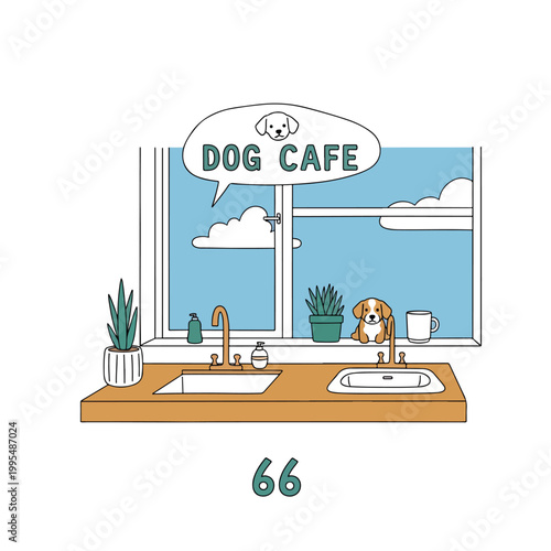 Illustration of a dog standing by a kitchen sink looking out a window with a dog cafe sign, with
