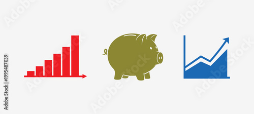 Piggy bank with bar and line graphs Vector, EPS