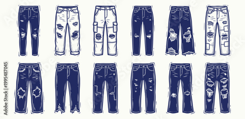 Set of distressed denim jeans illustrations for urban fashion apparel design