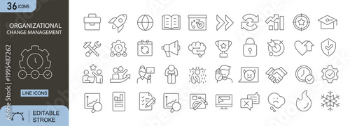 Organization change management icons set representing transformation, strategy, adaptation, leadership, workflow change, process improvement and business transition in clean outline style.