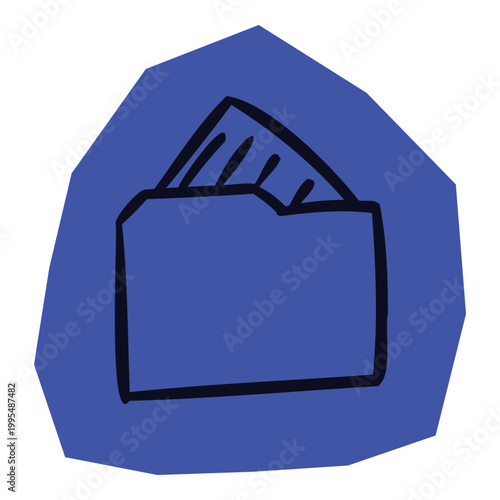 Hand drawn black outline file folder icon on blue irregular shape for scrapbook and journal. Vector illustration design.
