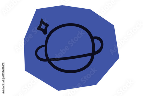 Hand drawn black outline planet Saturn icon with star on blue irregular shape for Scrapbook and Journal. Vector illustration design.