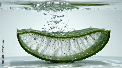 Fresh aloe vera slice in refreshing clear water with bubbles