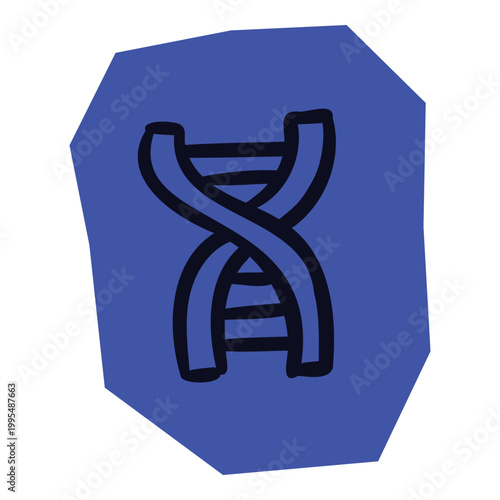 Hand drawn DNA helix icon on blue irregular geometric shape for scrapbook and journal. Vector illustration design.