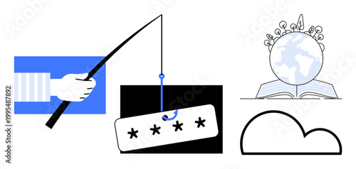 Cybersecurity, global connectivity, phishing prevention, digital threats, cloud computing, data protection. phishing, a globe in a book and cloud graphics. Cybersecurity and global connectivity are