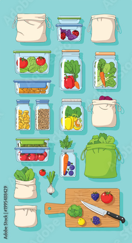 Foto A colorful illustration of food storage containers and fresh produce