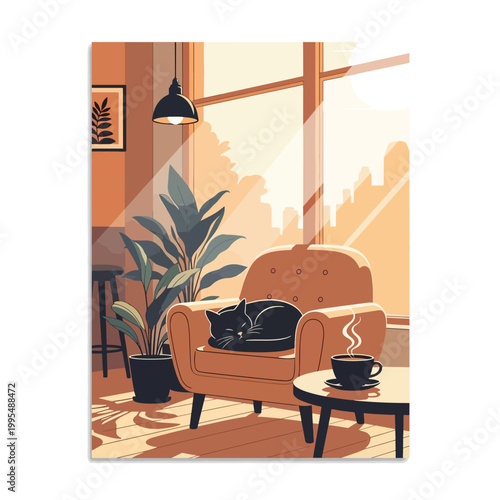 Digital illustration of a black cat sleeping on an armchair next to a coffee table with a steaming