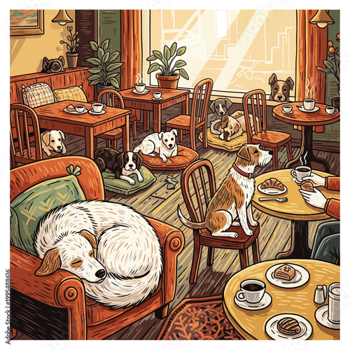 Illustration of multiple dogs sitting and lying down in a cozy cafe with wooden furniture and