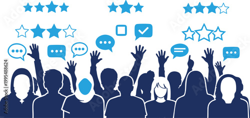 People giving feedback with stars and speech bubbles
