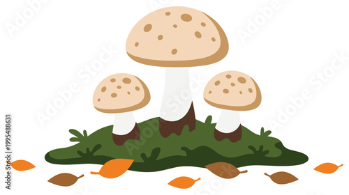 Mushroom family growing on green moss with autumn leaves on ground.