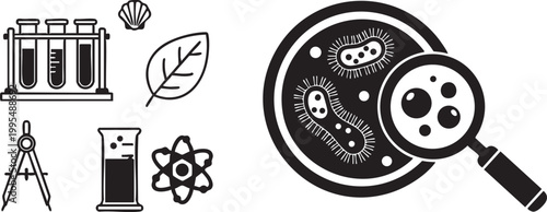 Black and white science icons with microscope