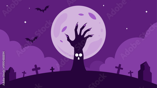 Spooky graveyard scene with full moon and flying bats at night