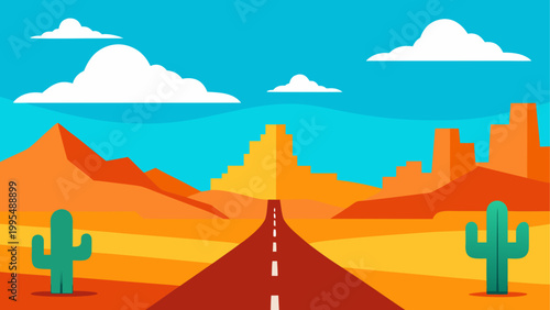 Colorful desert landscape with cacti under a bright blue sky