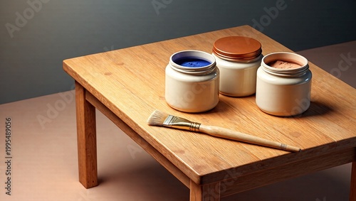 Atelier still life with paint jars and brush on a wooden table