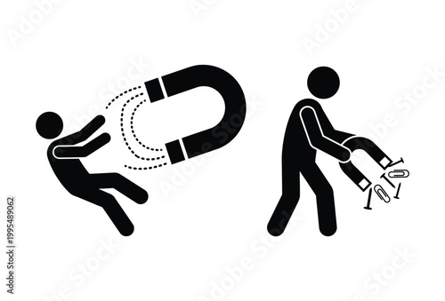 A person interacts with a large magnet attracting paperclips depicted in black silhouette