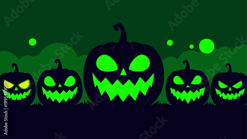 Glowing jack-o-lanterns with carved spooky faces in the dark