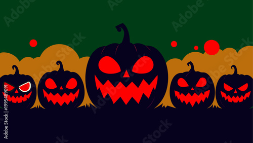 Row of carved halloween pumpkins with spooky faces glowing in the dark