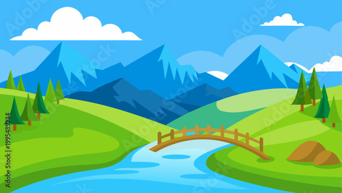 A serene landscape with a winding river through lush green hills