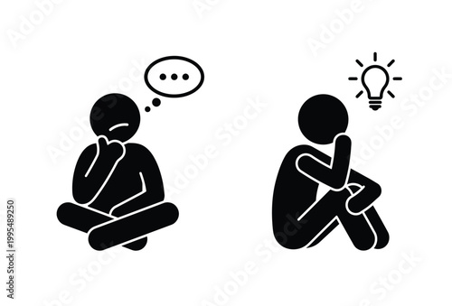 Two figures contemplating ideas one with a thought bubble and the other with a lightbulb silhouette